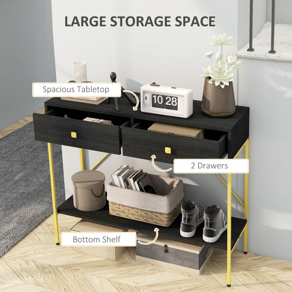 Entrance console with 2 drawers and storage shelf, black