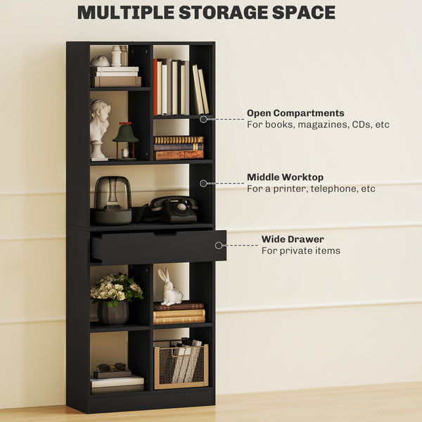 Bibliothèque haute avec tiroir, autoportante pour chambre, salon, bureau, noir