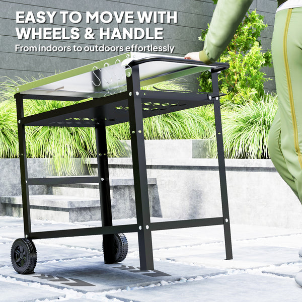 BBQ Stand with Stainless Steel Top Adjustable Shelf, Outdoor BBQ Station with Hooks Seasoning Tray Towel Rack