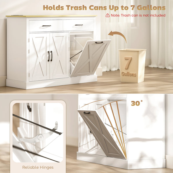 7-gallon (26.5-liter) tilt-out trash can cabinet with charging station, 2 drawers, 4 door shelves, white