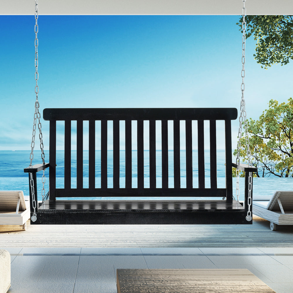 2-Seater Patio Swing Chair, Fir Wooden Porch Swing with Slatted Design, Hanging Chains for Outdoor, Garden, Black