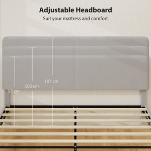 King size bed frame with adjustable upholstered headboard, wooden slatted base, quiet, light grey