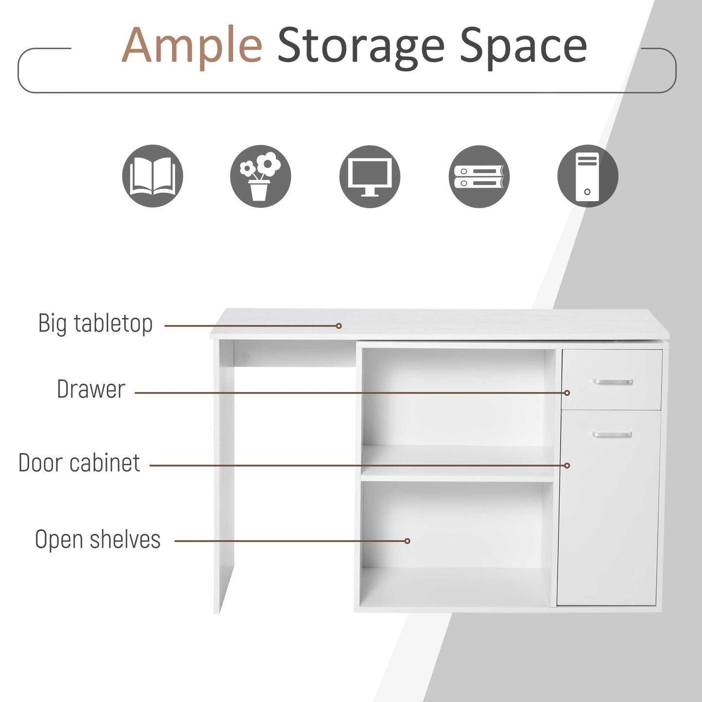Bureau d'angle pivotant à 180° avec étagère de rangement, blanc