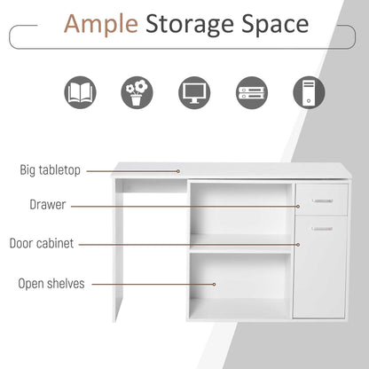 Bureau d'angle pivotant à 180° avec étagère de rangement, blanc