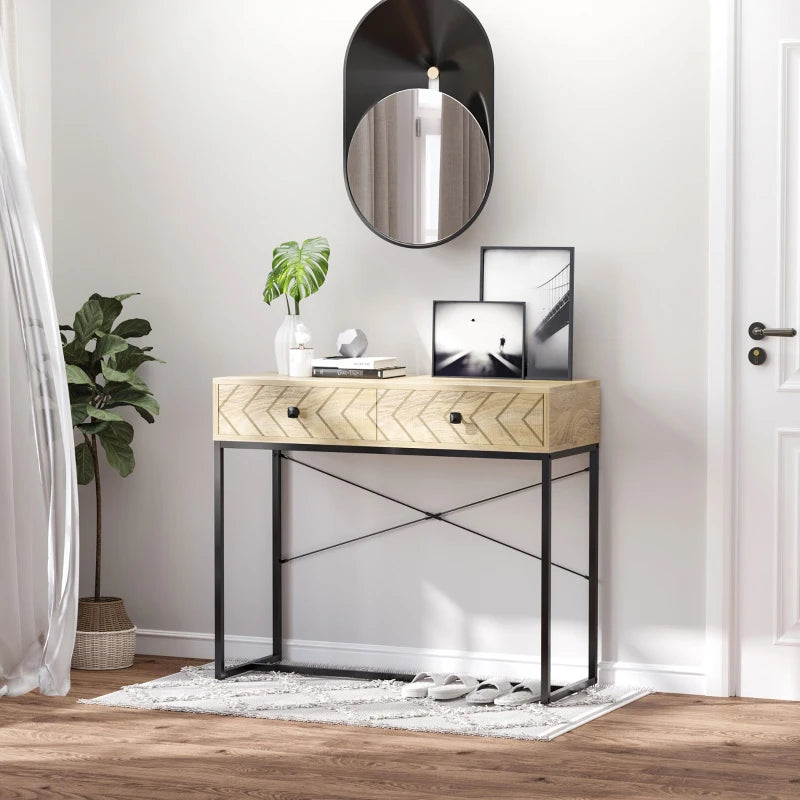Meuble console avec 2 tiroirs de rangement, table d'entrée étroite avec cadre en métal, bureau