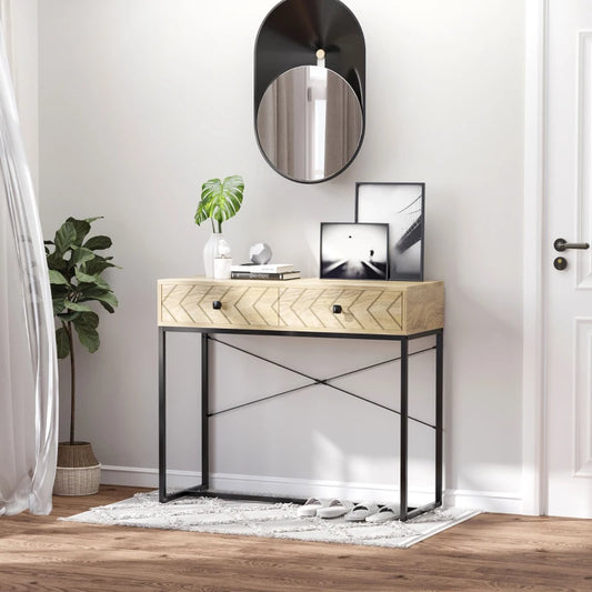 Meuble console avec 2 tiroirs de rangement, table d'entrée étroite avec cadre en métal, bureau