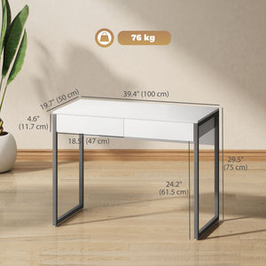 Bureau d'ordinateur brillant avec 2 tiroirs, pour petits espaces, blanc et gris