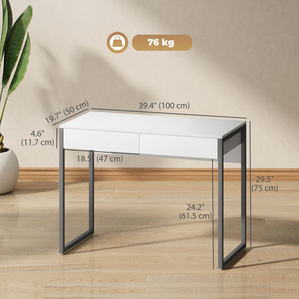 Bureau d'ordinateur brillant avec 2 tiroirs, pour petits espaces, blanc et gris
