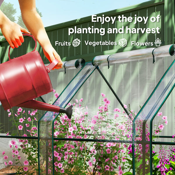Mini portable greenhouse with roll-up zippered doors, transparent