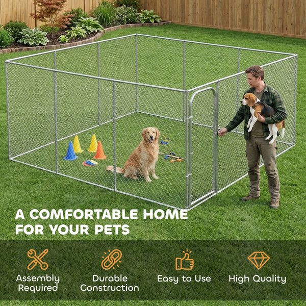Dog park with gate, galvanized steel structure.