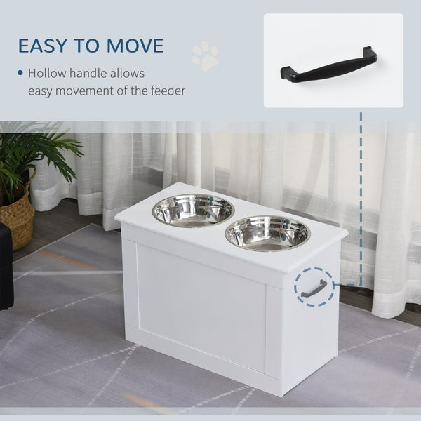 Raised bowls with storage, 2 stainless steel bowls, white