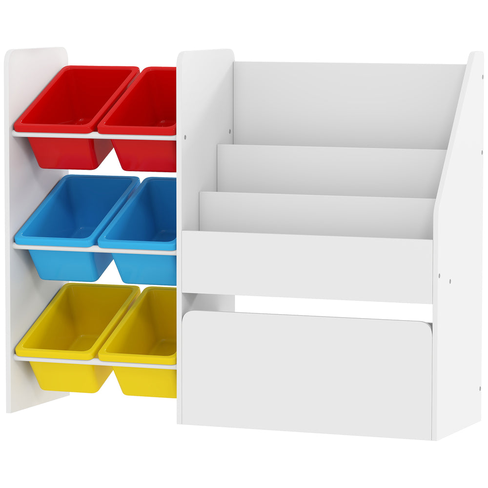 Meuble de rangement pour jouets avec bibliothèque, 6 bacs et coffre sur roulettes, blanc