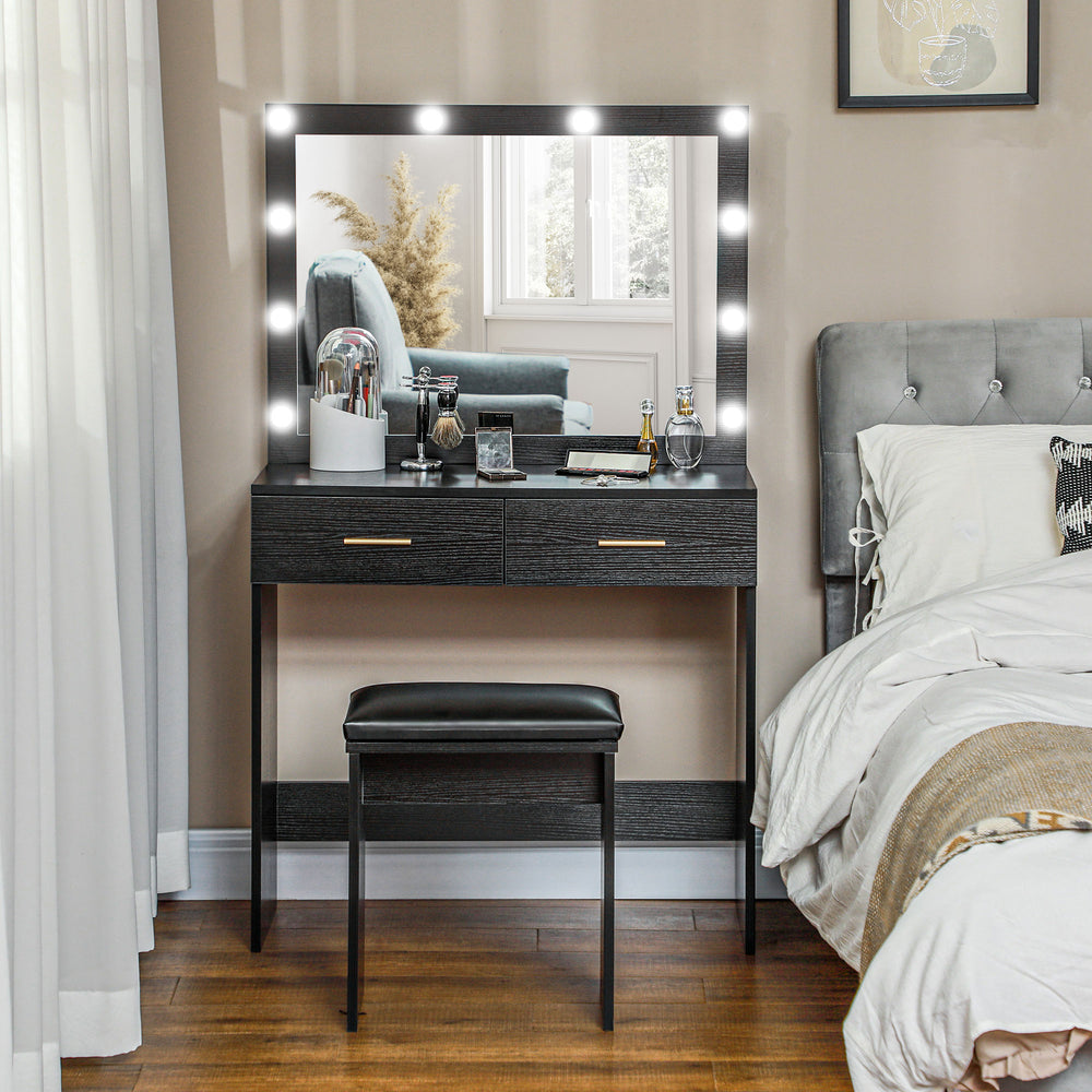 Coiffeuse avec tabouret, miroir à éclairage LED et tiroirs, noir