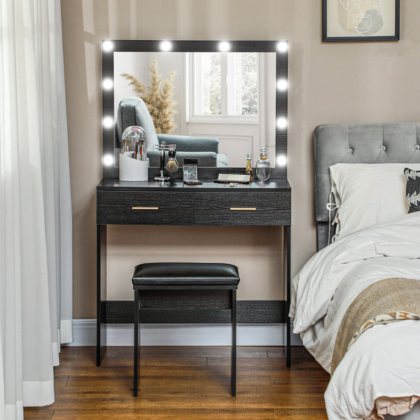 Coiffeuse avec tabouret, miroir à éclairage LED et tiroirs, noir