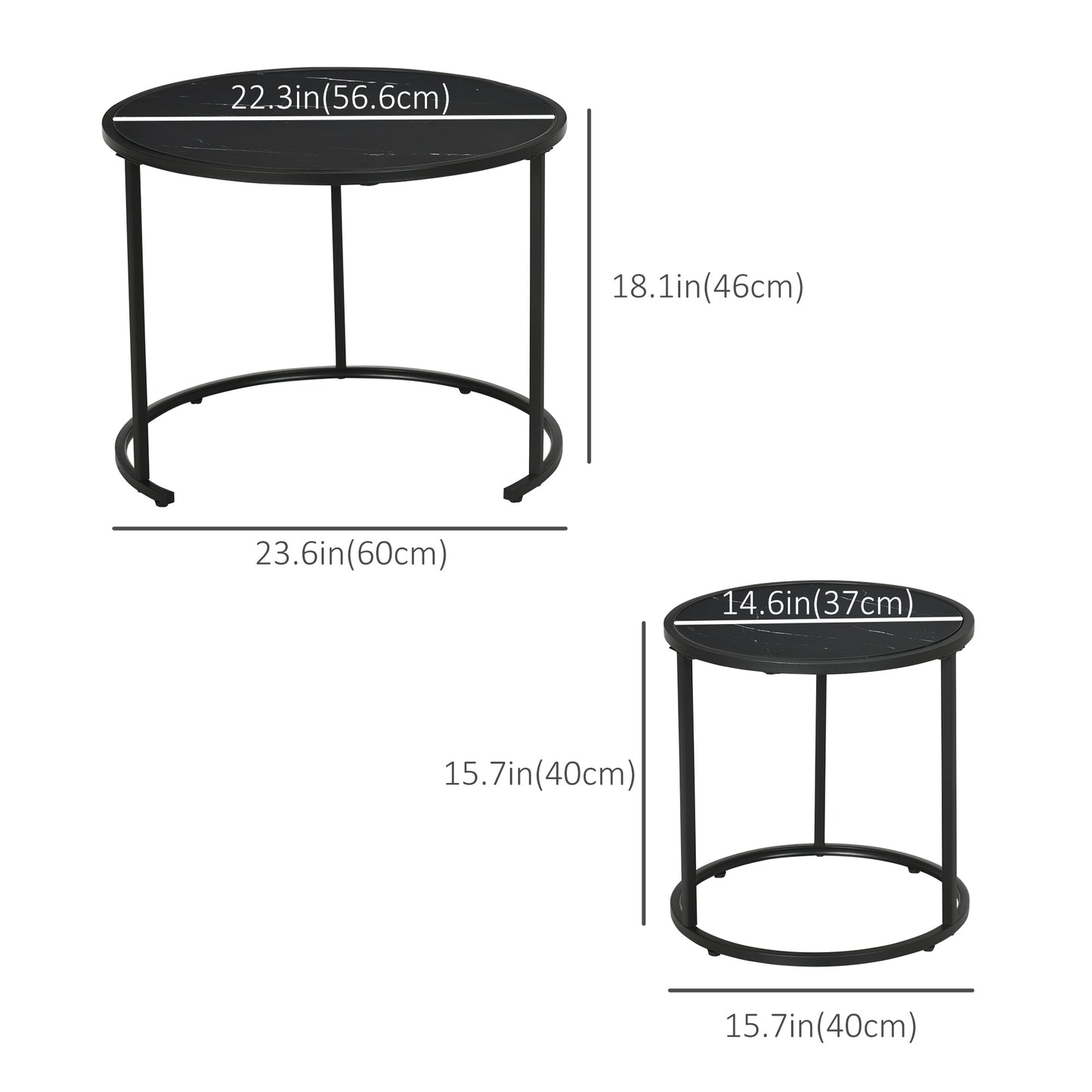 Lot de 2 tables basses rondes modernes avec plateau en faux marbre et cadre en métal, noir