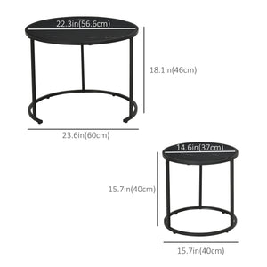 Lot de 2 tables basses rondes modernes avec plateau en faux marbre et cadre en métal, noir