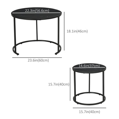 Lot de 2 tables basses rondes modernes avec plateau en faux marbre et cadre en métal, noir