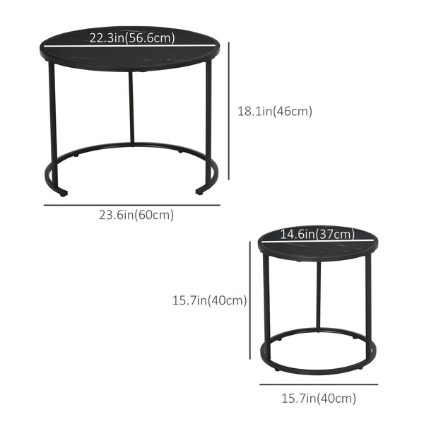 Lot de 2 tables basses rondes modernes avec plateau en faux marbre et cadre en métal, noir