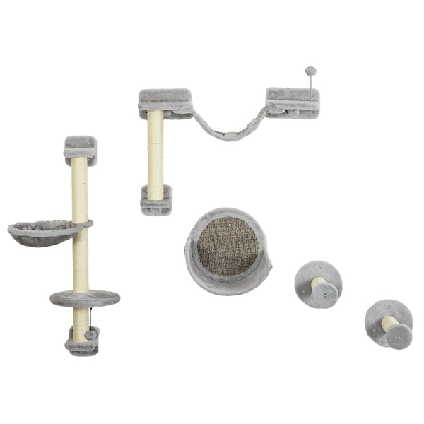 Étagères murales avec hamac, griffoir, perchoirs et échelle, gris clair