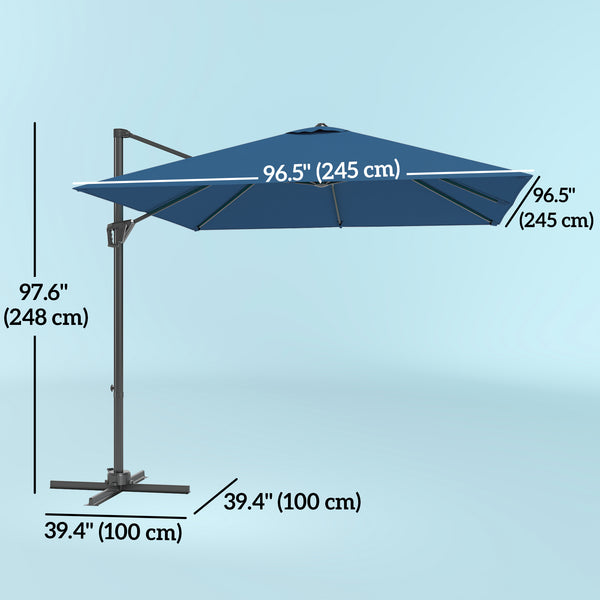 Parasol déporté carré de 8 pieds, avec pied en croix, bleu marine