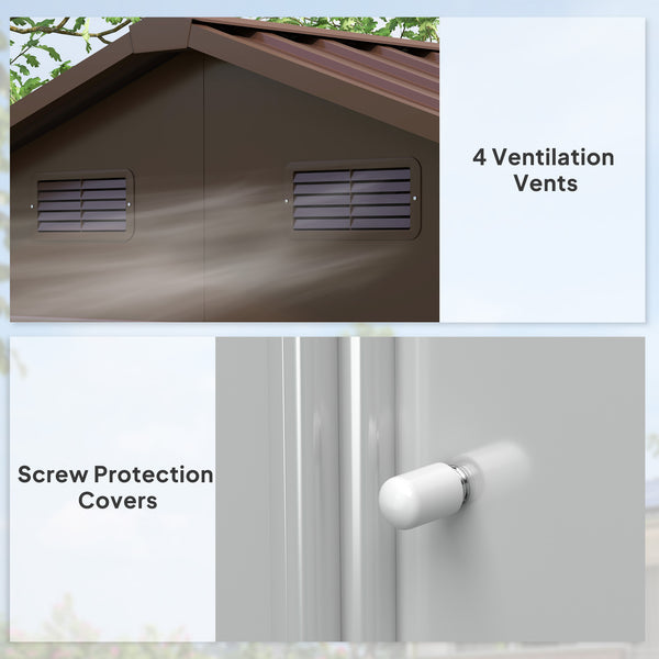 Abri de jardin extérieur en métal avec serrure et ventilation, marron foncé