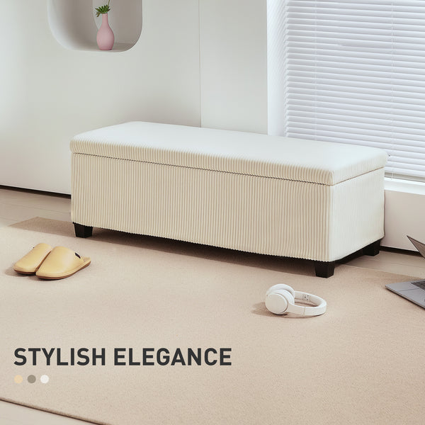 Pouf avec rangement, couvercle, pieds, banc de bout de lit en velours côtelé pour salon, chambre, entrée, beige