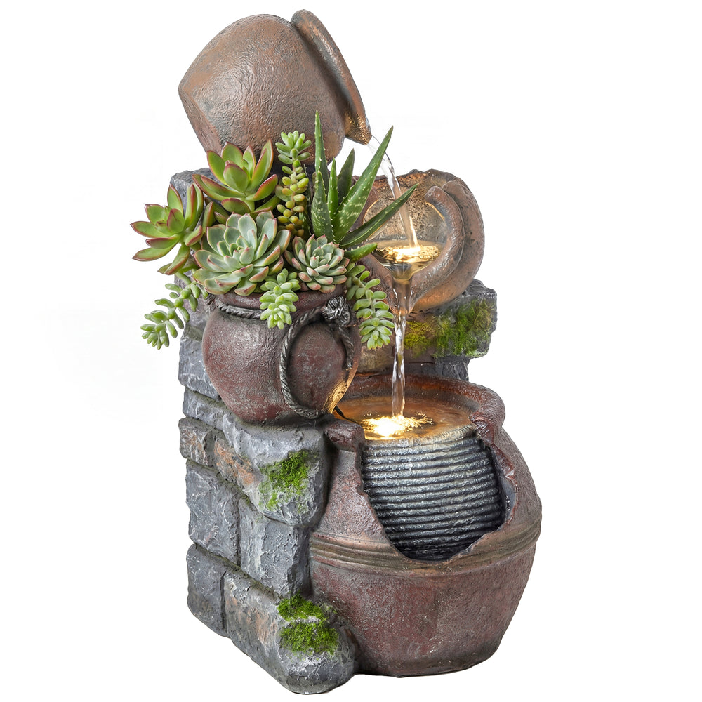 Fontaine d'extérieur avec pot rustique à 4 niveaux, éclairage LED et débit réglable.