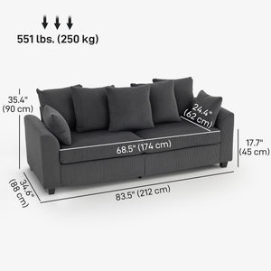 Canapé 3 places en velours côtelé avec accoudoirs incurvés et 8 coussins amovibles, gris foncé