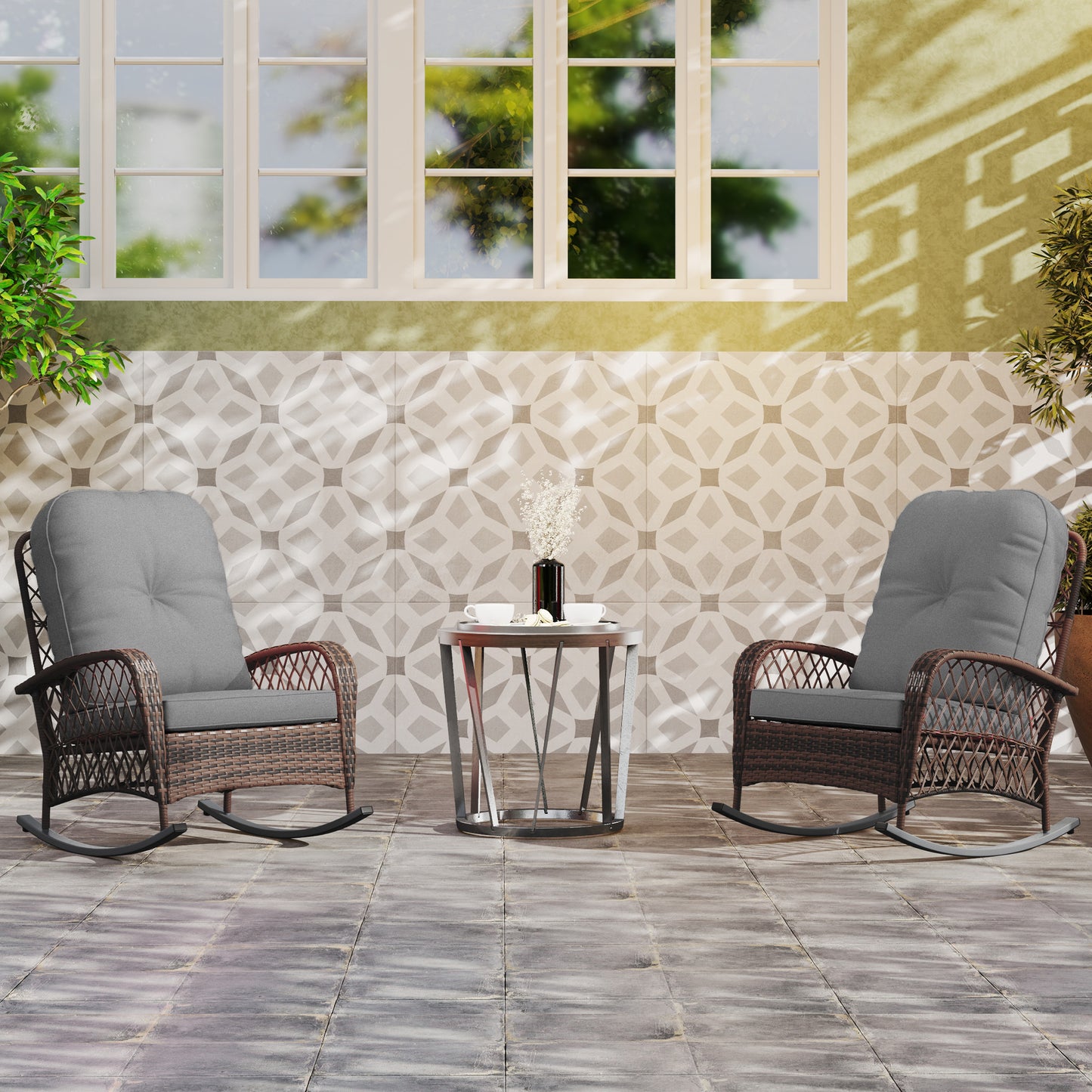 Outsunny Outdoor Wicker Rattan Rocking Chair Set of 2, Patio Rocker with Thick Cushions for Garden Backyard Porch, Gray |