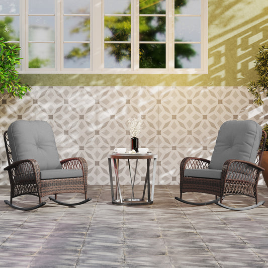 Outsunny Outdoor Wicker Rattan Rocking Chair Set of 2, Patio Rocker with Thick Cushions for Garden Backyard Porch, Gray |