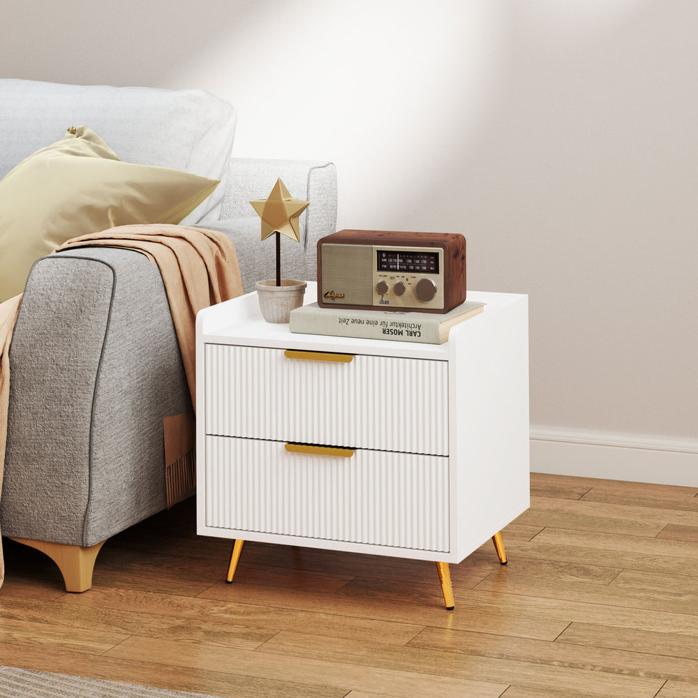 Table de chevet avec 2 tiroirs, table d'appoint avec pieds en métal pour chambre, blanche