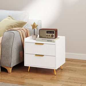 Table de chevet avec 2 tiroirs, table d'appoint avec pieds en métal pour chambre, blanche