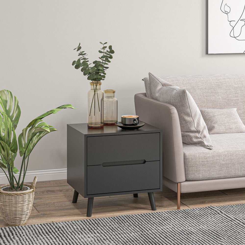 Table de chevet moderne avec 2 tiroirset pieds en bois massif, noir