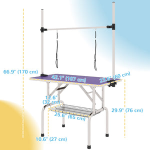 Adjustable Dog Grooming Table with 2 Safety Straps and Storage Basket, Purple