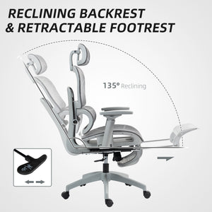 Chaise de bureau en résille avec accoudoirs 3D, dossier haut et soutien lombaire, inclinable à 135°, appui-tête réglable, gris