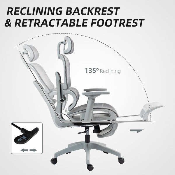 Chaise de bureau en résille avec accoudoirs 3D, dossier haut et soutien lombaire, inclinable à 135°, appui-tête réglable, gris