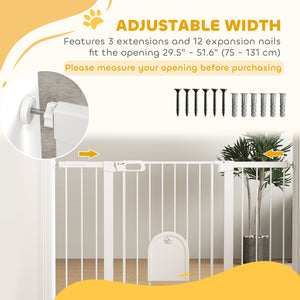 Barrière extra large pour animaux de 76 à 132 cm avec petite porte, fixation par pression pour escalier, Blanc