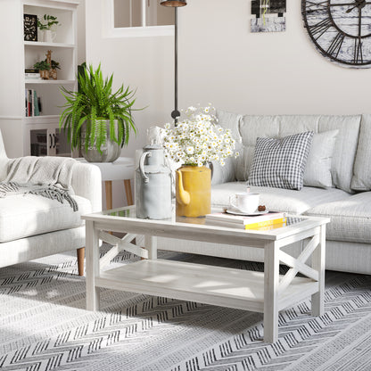 Table basse de style ferme avec plateau en verre trempé