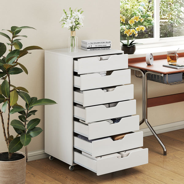 Commode de rangement à 7 tiroirs avec roulettes - Blanc
