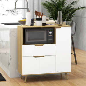 Meuble micro-ondes moderne avec tiroir, rangements et passe-câbles pour cuisine et salle à manger, blanc.