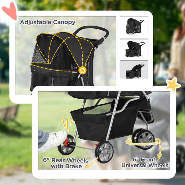 Poussette pliable  à 3 roues avec panier de rangement pour chiens miniatures et petits, noire