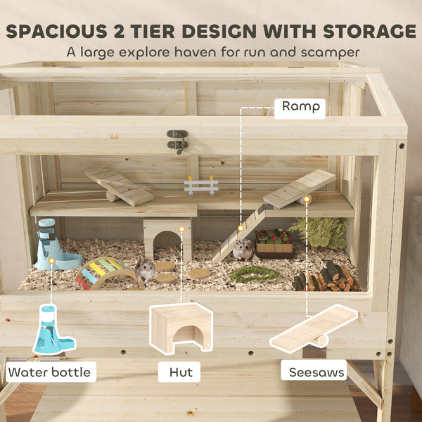 Cage pour hamster en bois à 2 niveaux avec rangement et accessoires