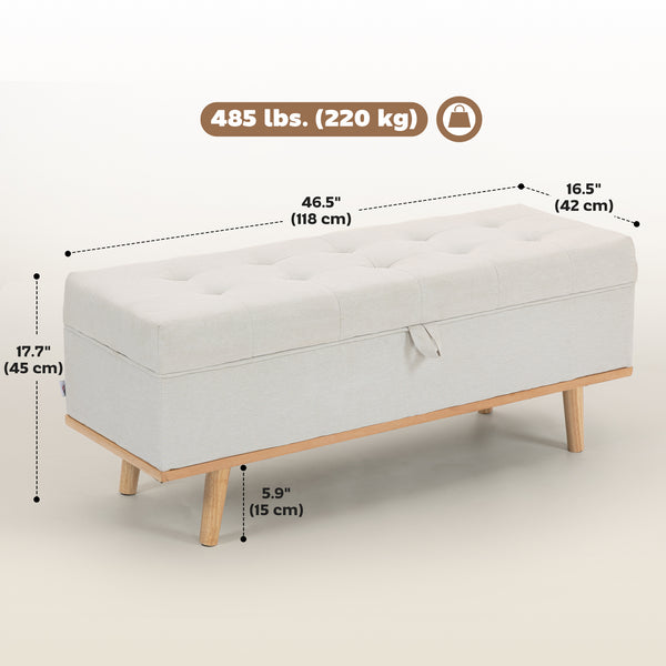 Banc ottoman de rangement avec couvercle relevable et pieds en bois, blanc crème