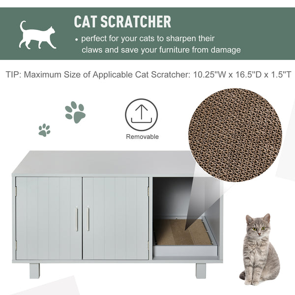 Litter box cabinet with scratching post, magnetic doors, gray