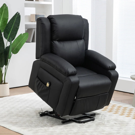 Fauteuil releveur inclinable électrique en cuir synthétique avec télécommande, poches latérales, montage rapide, noir