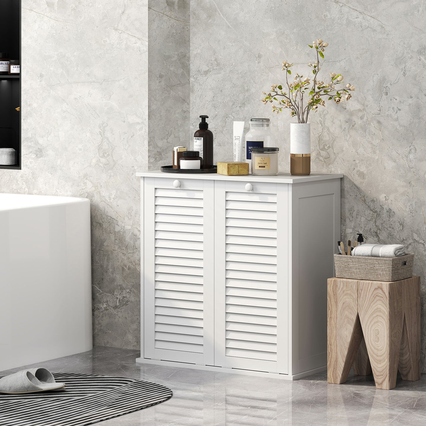 Armoire à panier à linge basculant avec 2 paniers et 2 portes persiennes, blanc