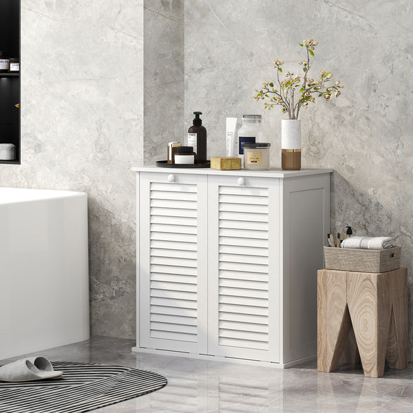 Armoire panier à linge basculant avec 2 paniers et 2 portes persiennes, blanc