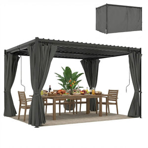 Pergola à lames orientables 10 x 13, toit en acier et rideaux,  gouttières de drainage, grise