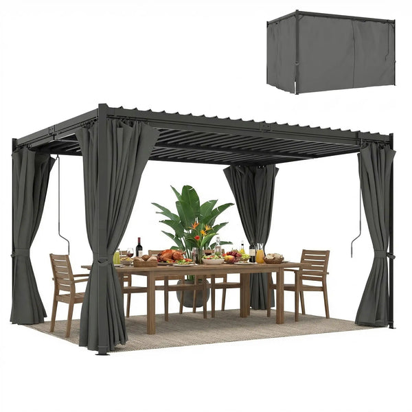 Pergola à lames orientables 10 x 13, toit en acier et rideaux,  gouttières de drainage, grise