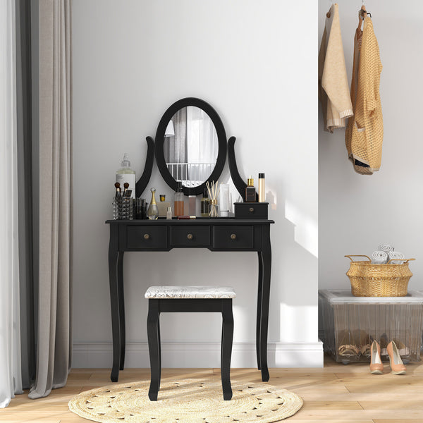 Coiffeuse avec tabouret et miroir ovale rotatif à 360°, noire